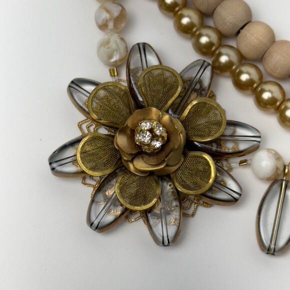 Lenora Dame Statement Necklace 3-Strand Wood Glass Stone Faux Pearl Beads - Picture 10 of 13